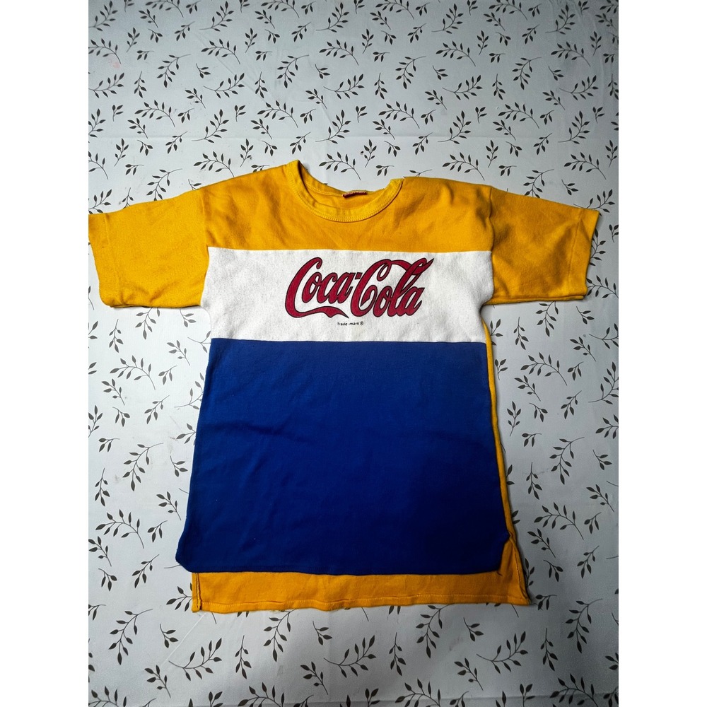 Vintage 80s Coca-Cola youth M 8 Colorblock Graphic T-Shirt Yellow Blue White